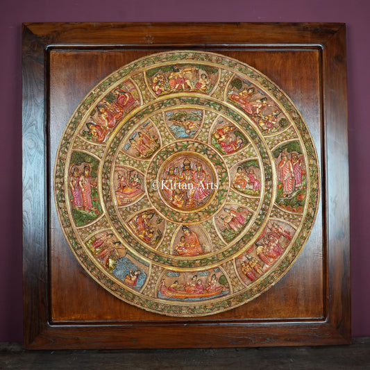 Hand-Painted Ramayan Epic Narrative Circular Wall Panel – 29 Inch Wood & Resin Relief Artwork (37x37 Inch with Teakwood Frame)