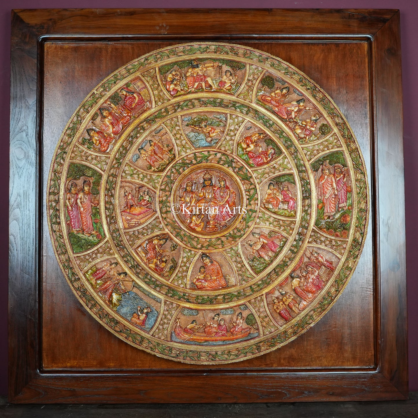 Hand-Painted Ramayan Epic Narrative Circular Wall Panel – 29 Inch Wood & Resin Relief Artwork (37x37 Inch with Teakwood Frame)