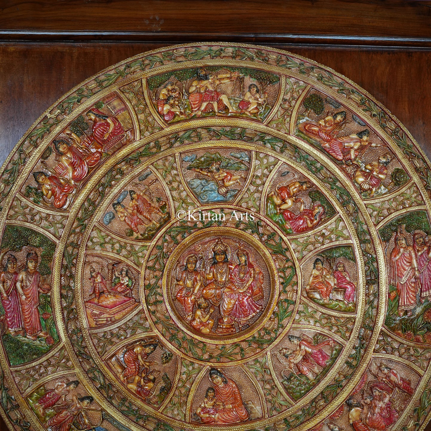 Hand-Painted Ramayan Epic Narrative Circular Wall Panel – 29 Inch Wood & Resin Relief Artwork (37x37 Inch with Teakwood Frame)