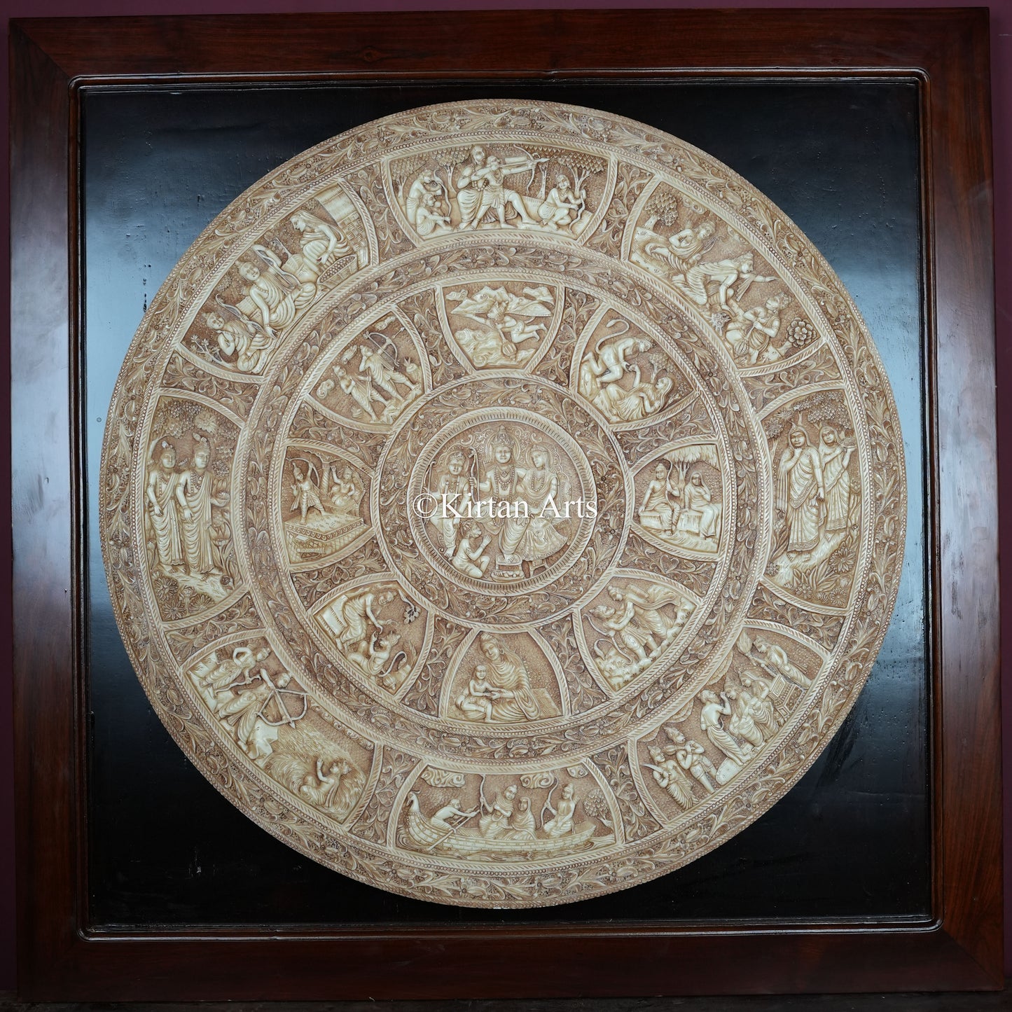 Ramayan Epic Narrative Circular Wall Panel – 29 Inch Wood & Resin Relief Artwork