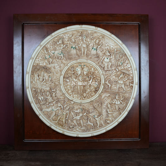 Ashta Vinayaka & Shiva Parvati Circular Wall Panel – 29 Inch Relief Artwork with Malachite Gemstones