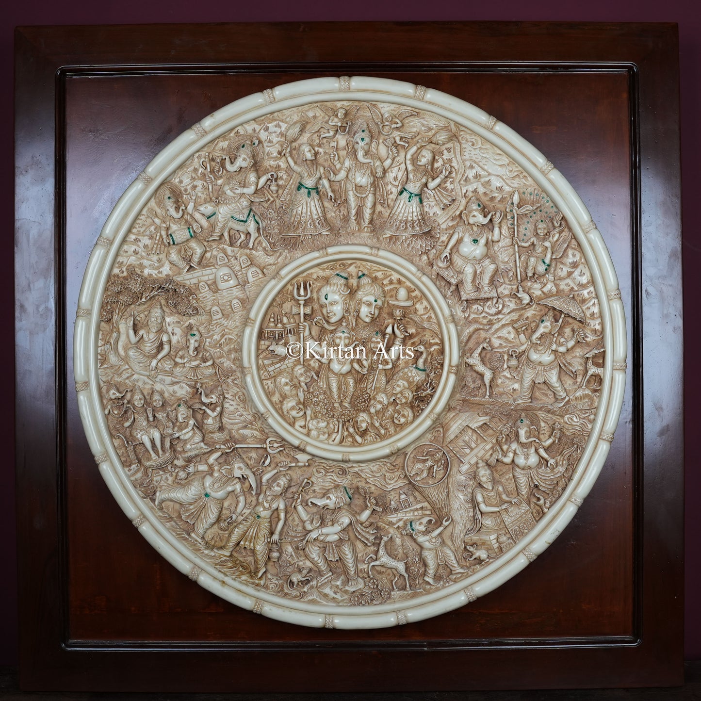 Ashta Vinayaka & Shiva Parvati Circular Wall Panel – 29 Inch Relief Artwork with Malachite Gemstones