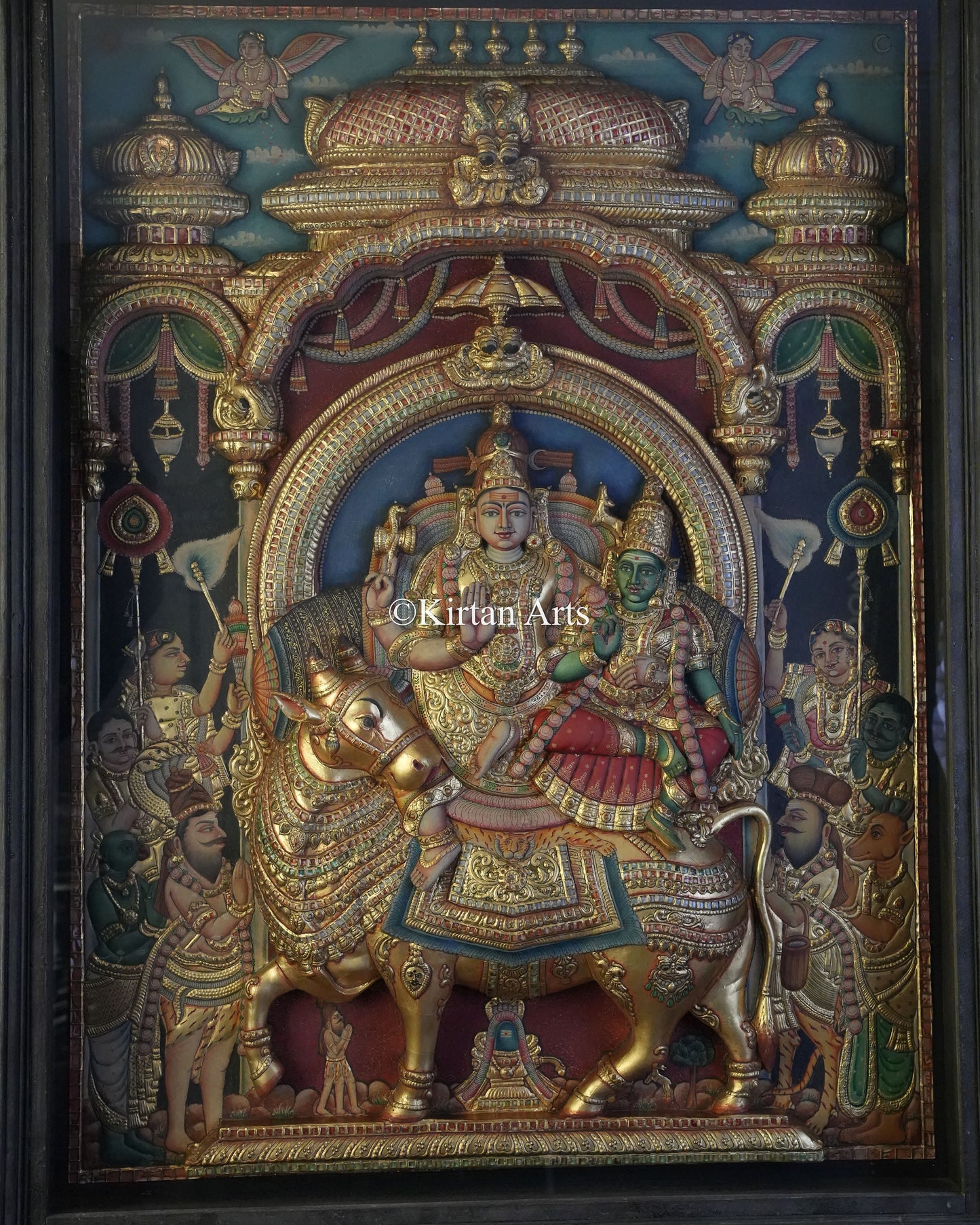 Super Embossed 3D Tanjore Painting – Lord Sundareshwara & Goddess Meenakshi on Rishabham | 4x3 ft