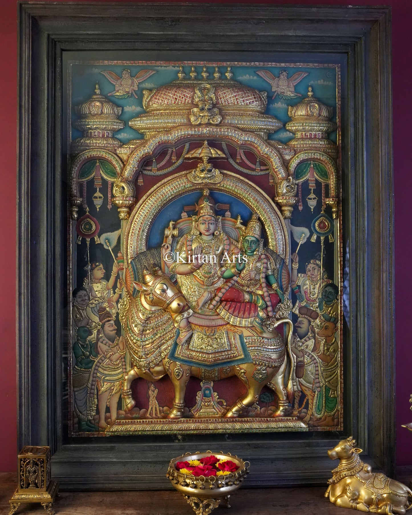 Super Embossed 3D Tanjore Painting – Lord Sundareshwara & Goddess Meenakshi on Rishabham | 4x3 ft