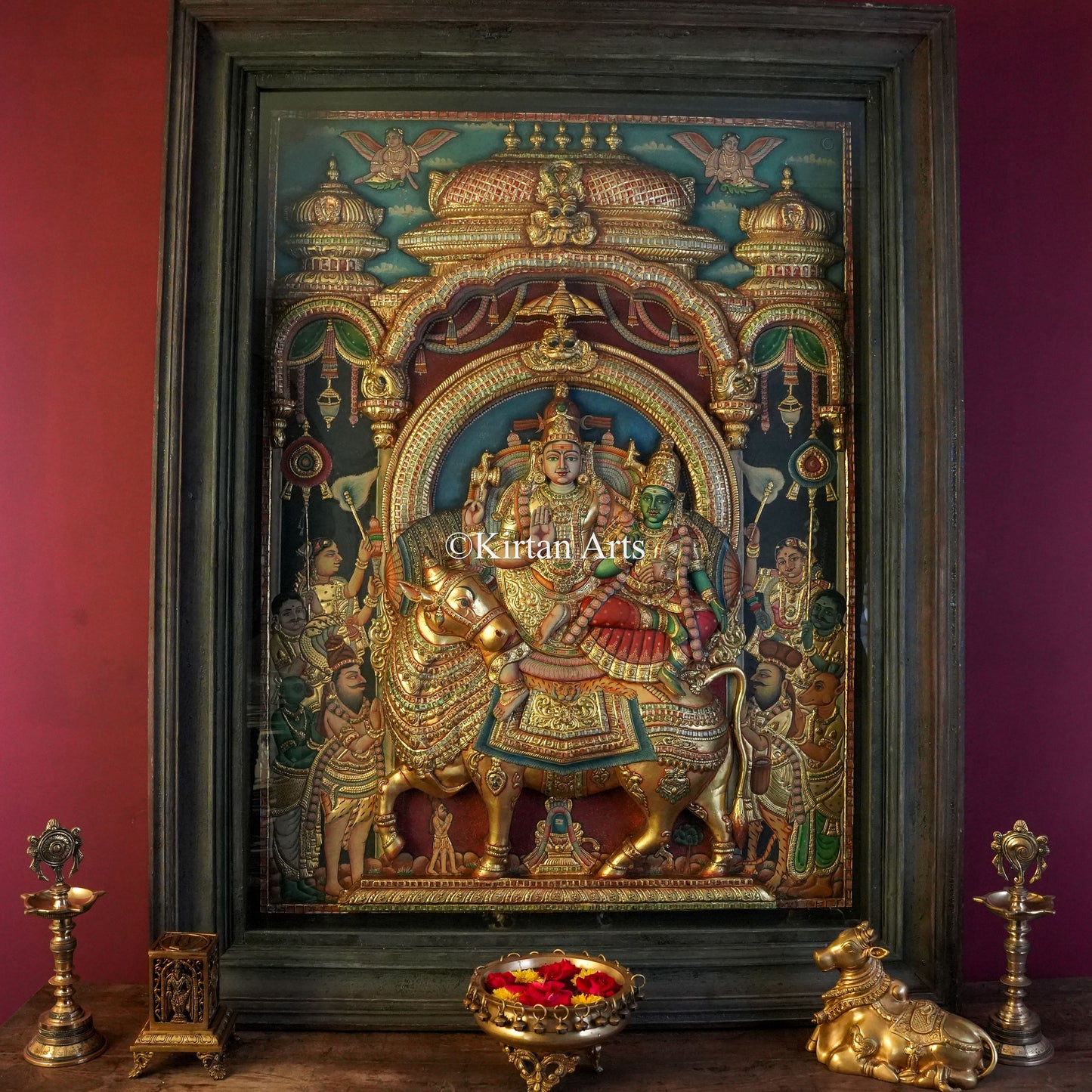 Super Embossed 3D Tanjore Painting – Lord Sundareshwara & Goddess Meenakshi on Rishabham | 4x3 ft