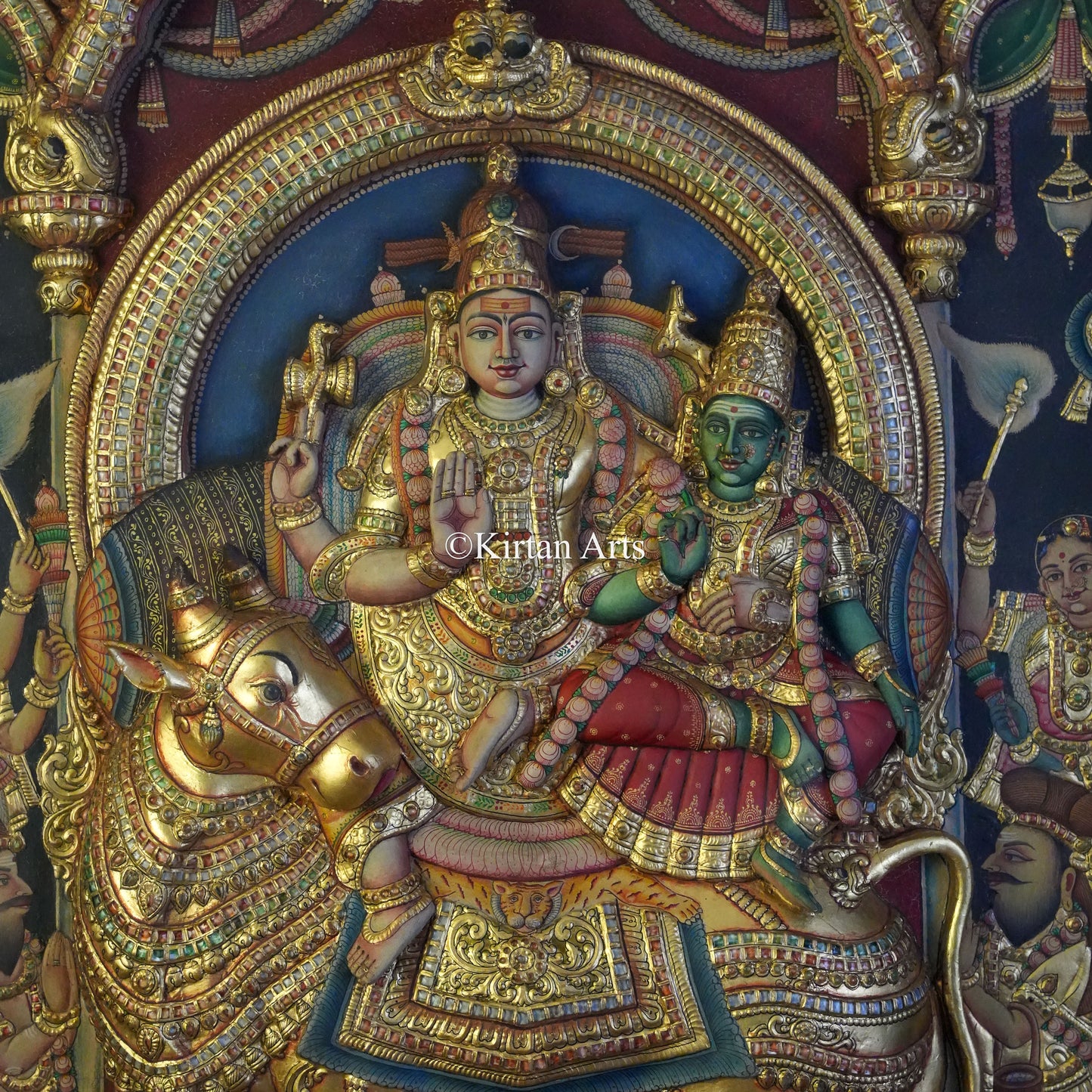 Super Embossed 3D Tanjore Painting – Lord Sundareshwara & Goddess Meenakshi on Rishabham | 4x3 ft