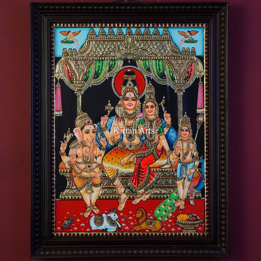 Premium Handcrafted Shiva Parvati Family Tanjore Painting – 24x18 Inch Artwork (27x21 Inch with Frame)