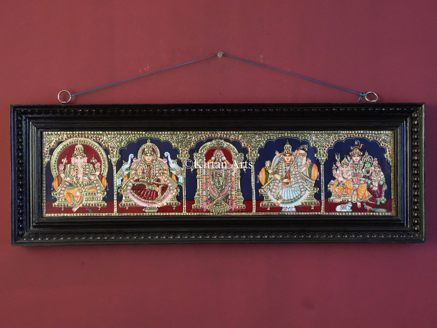 5-Deity Tanjore Painting – 33x11 Inch Horizontal Wall Panel in 22K Gold Foil & Teakwood Frame
