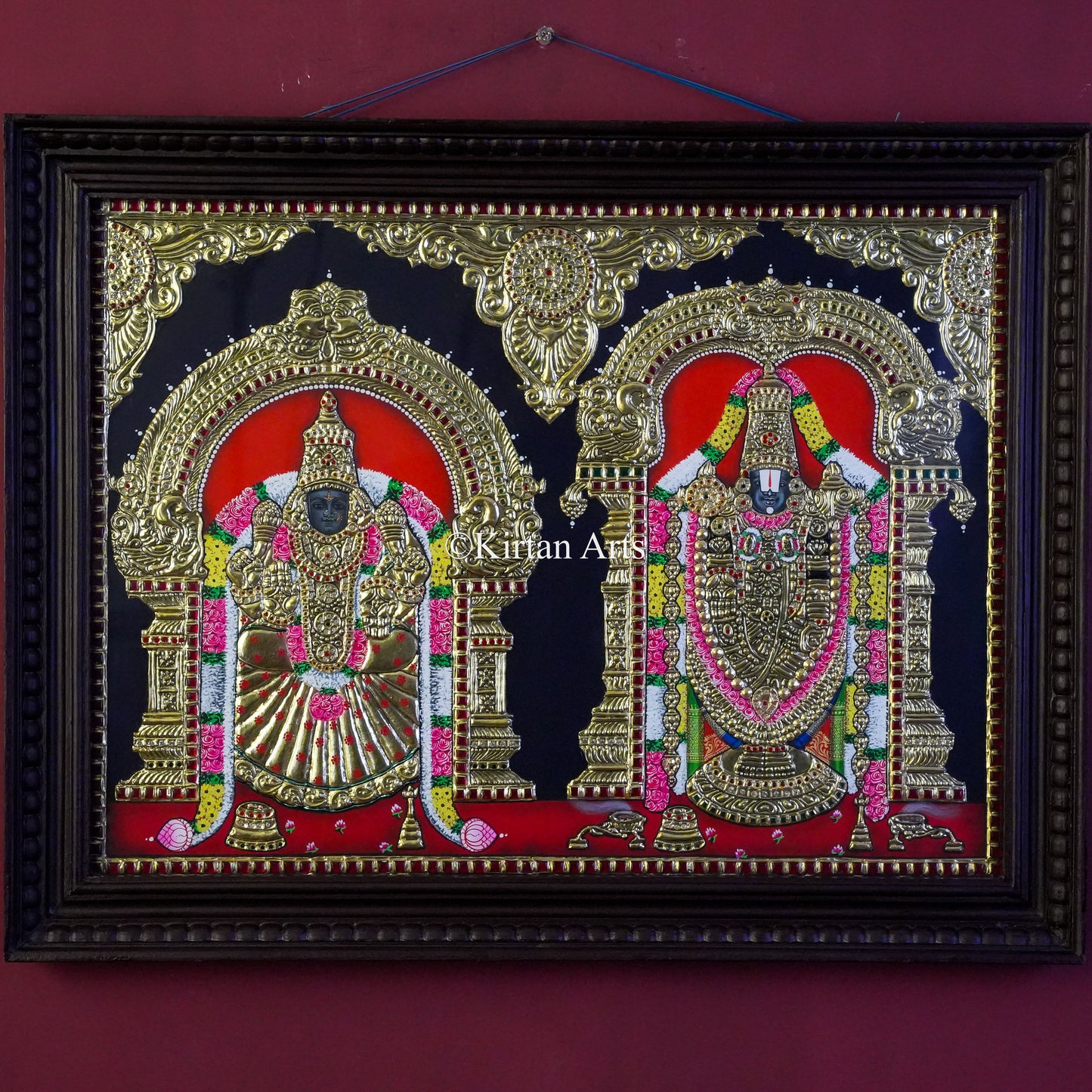 Goddess Padmavati & Lord Venkateswara Tanjore Painting – 27x21 Inch Horizontal Artwork with 22K Gold Foil & Teakwood Frame