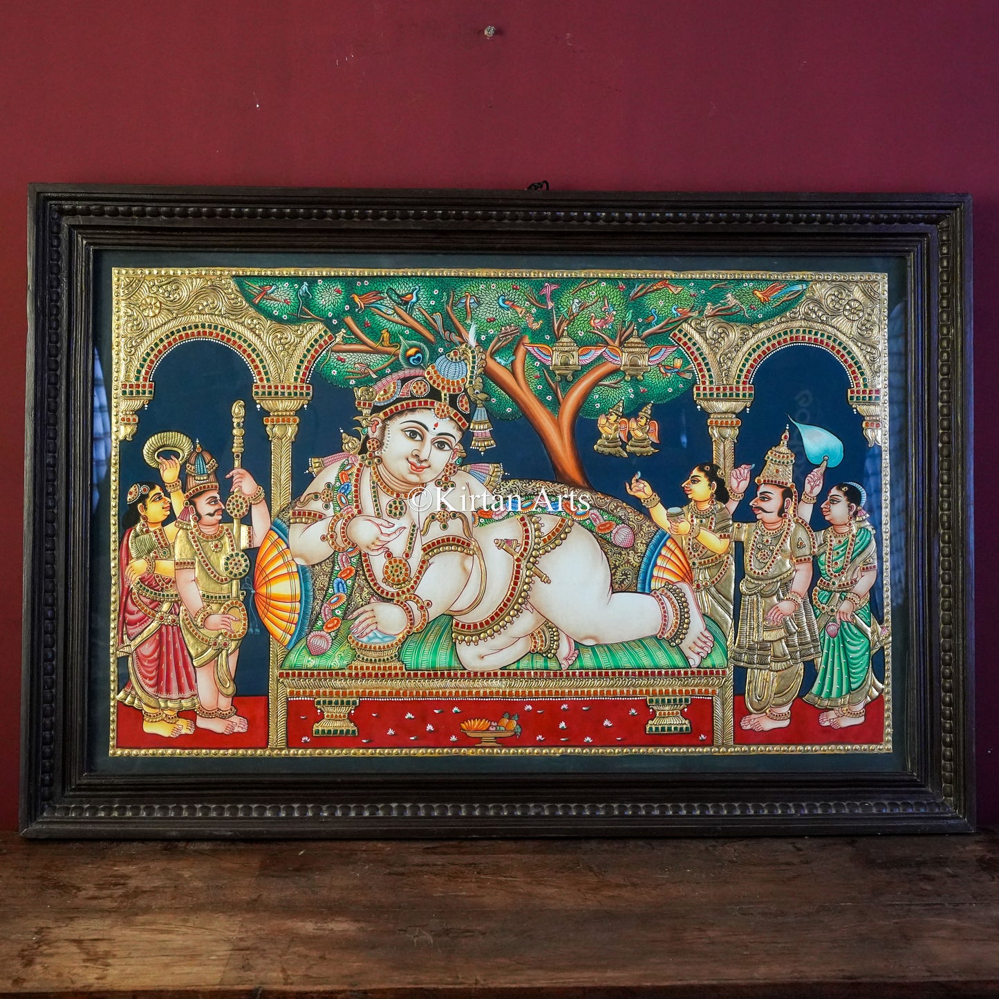 Navaneetha Krishna Tanjore Painting – 36x24 Inch Artwork (41x28 Inch with Frame) in 22K Gold Foil & Teakwood Frame