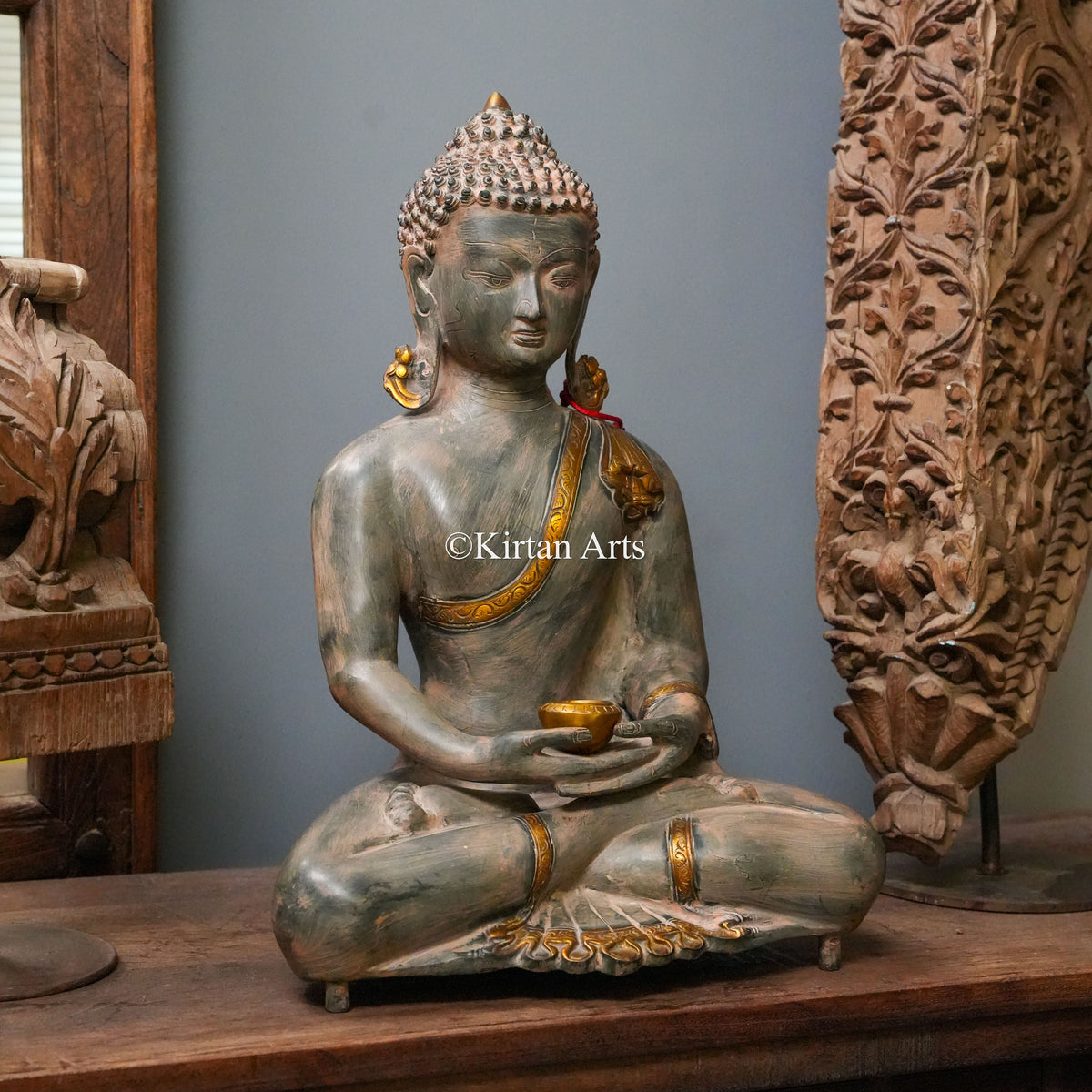 Large Antique-Finish Brass Buddha Statue 20"