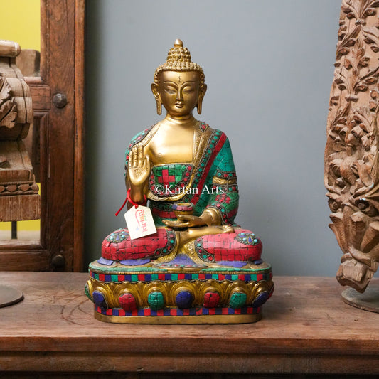 Brass Buddha Statue with Turquoise Mosaic Robe and Lotus Base 16"