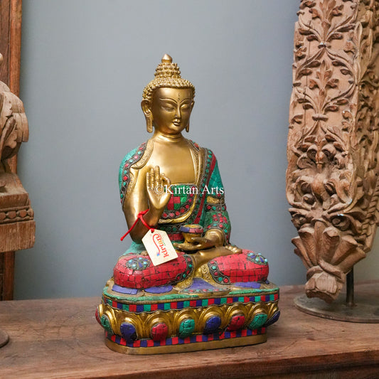 Brass Buddha Statue with Turquoise Mosaic Robe and Lotus Base 16"