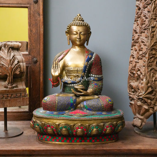 Large Brass Buddha Statue with Multicolor Stonework