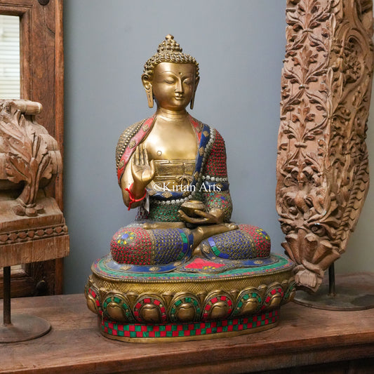 Large Brass Buddha Statue with Multicolor Stonework