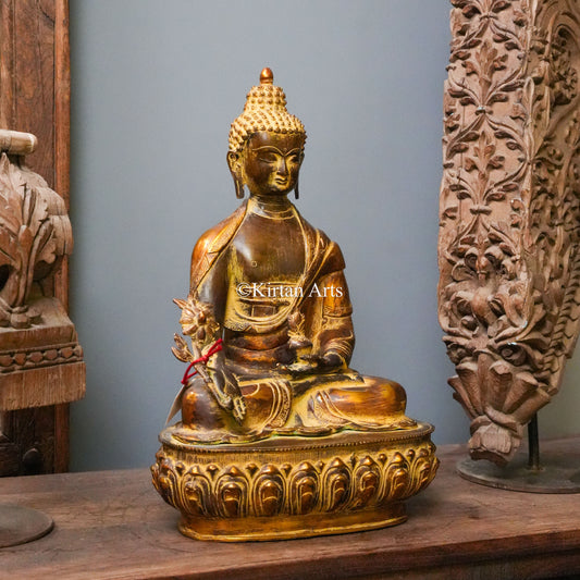 Antique Bronze-Finish Brass Buddha Statue with Lotus Flower 19"