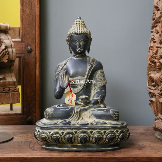 Charcoal-Finish Brass Buddha Statue with Engraved Robe 17"