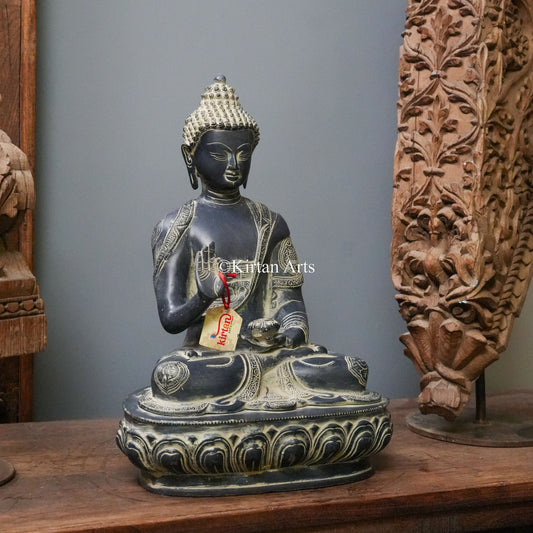 Charcoal-Finish Brass Buddha Statue with Engraved Robe 17"