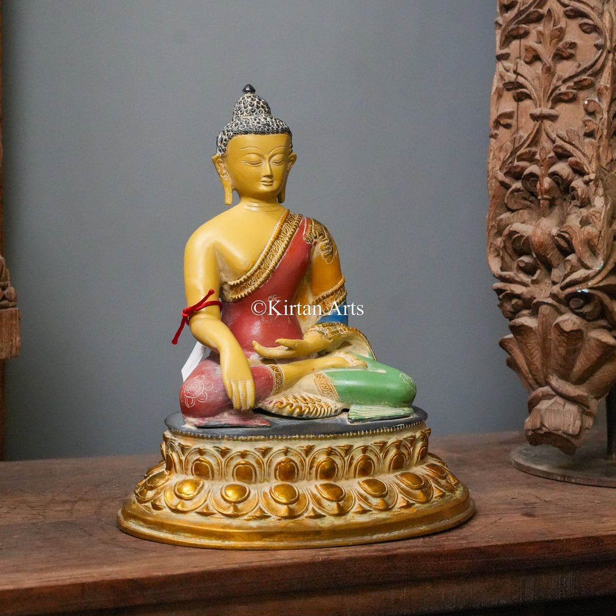 Hand-Painted Brass Buddha Statue in Earth-Touching Mudra 13.5"