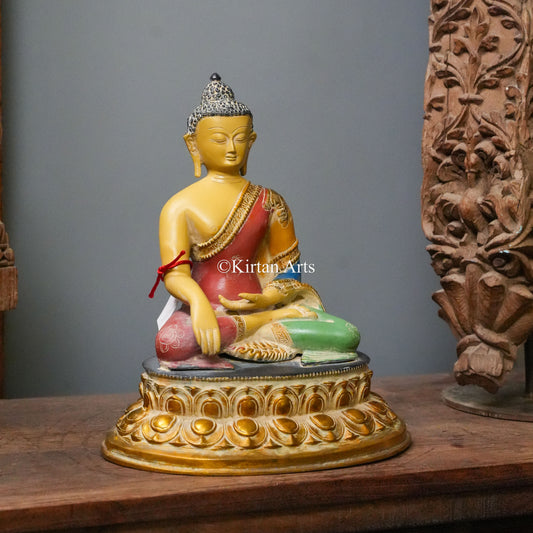 Hand-Painted Brass Buddha Statue in Earth-Touching Mudra 13.5"