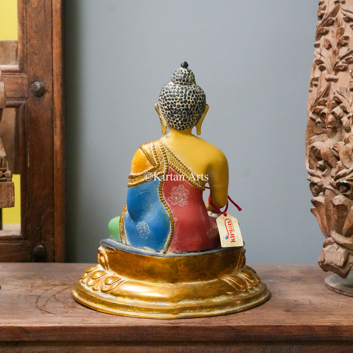 Hand-Painted Brass Buddha Statue in Earth-Touching Mudra 13.5"