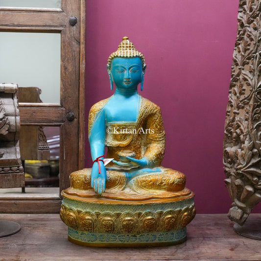 Brass Turquoise Buddha Statue with Gold Robe 21"