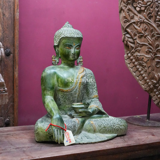Green Patina Brass Buddha Statue with Floral Engraving 17"
