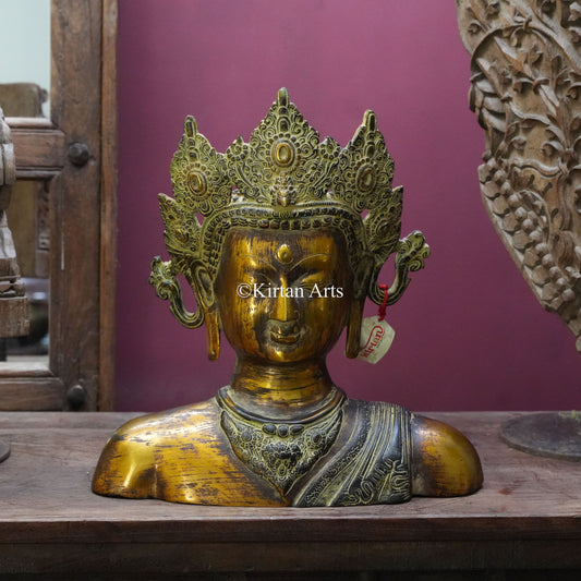 Antique Brass Crowned Buddha Bust 15"