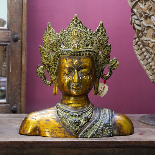 Antique Brass Crowned Buddha Bust 15"