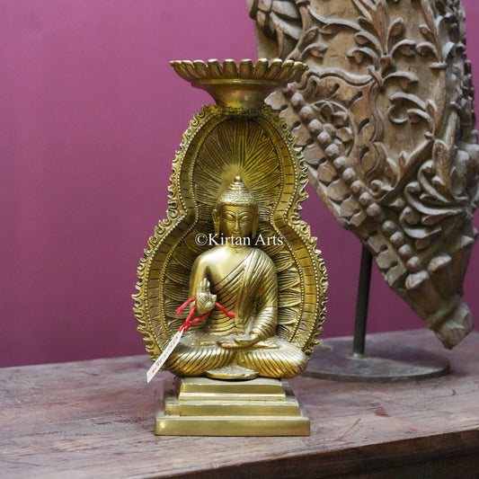 Brass Buddha Statue with Flame Aureole and Lotus Candle Plate 12"