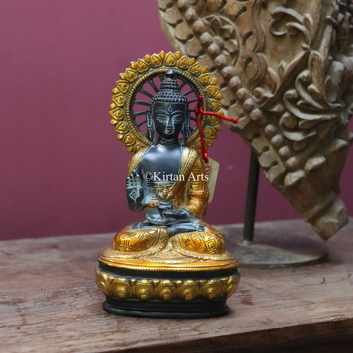 Small Buddha Statue with Dharma Wheel Aureole 9"