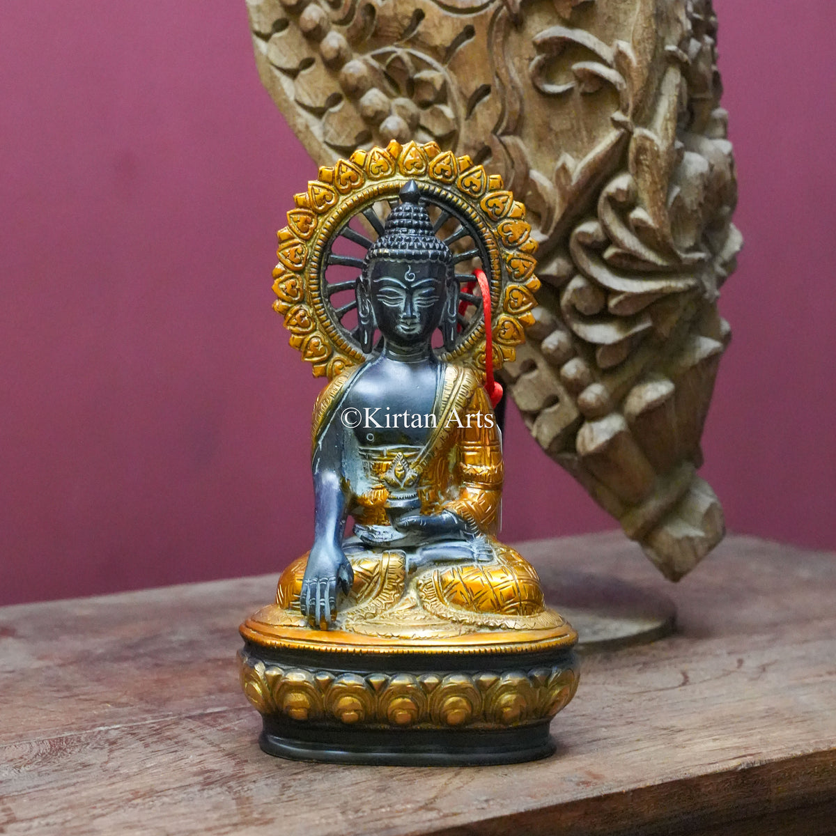 Brass Buddha Statue with Varada Mudra and Dharma Wheel Aureole 9"
