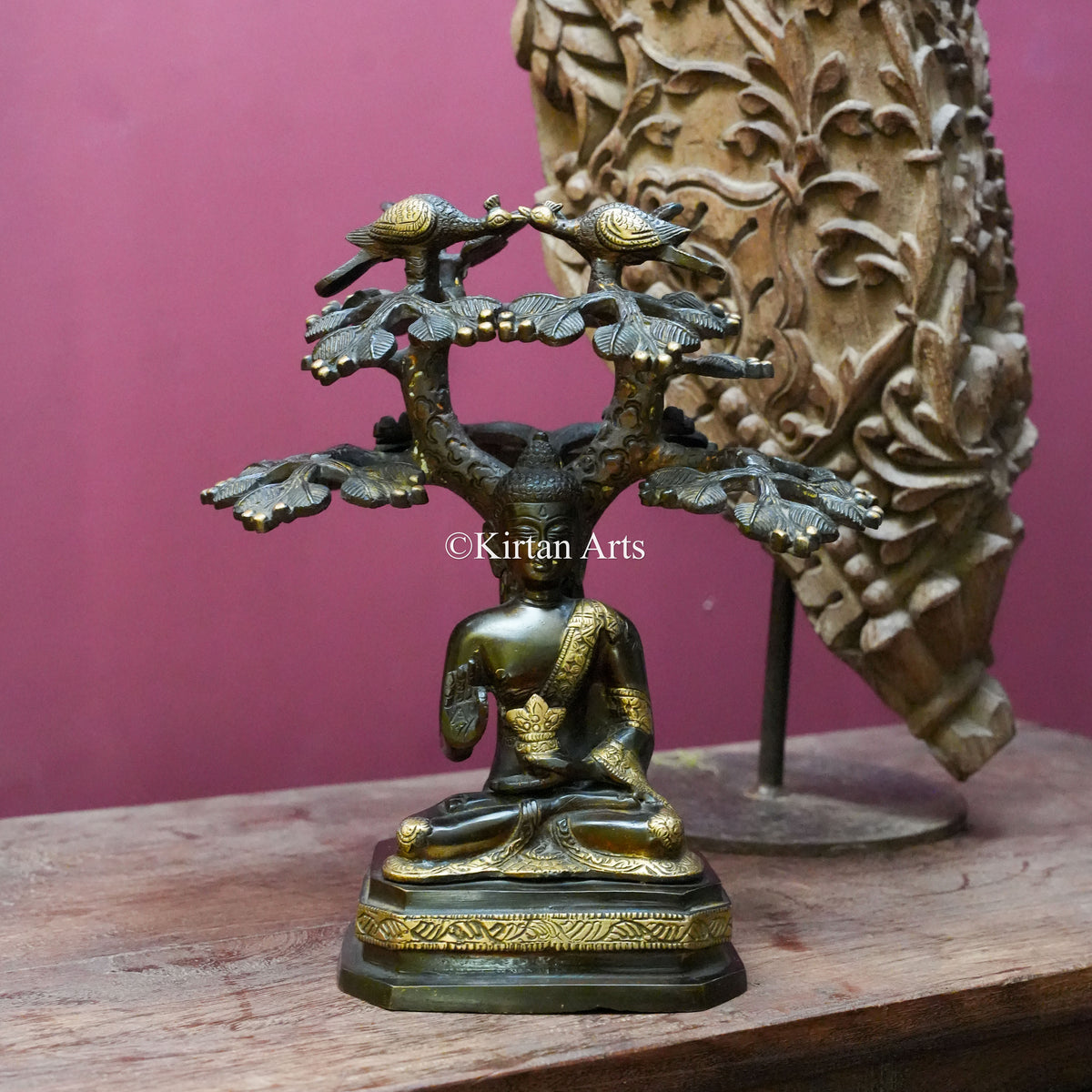 Brass Buddha Statue Beneath a Bodhi Tree with Birds 11"