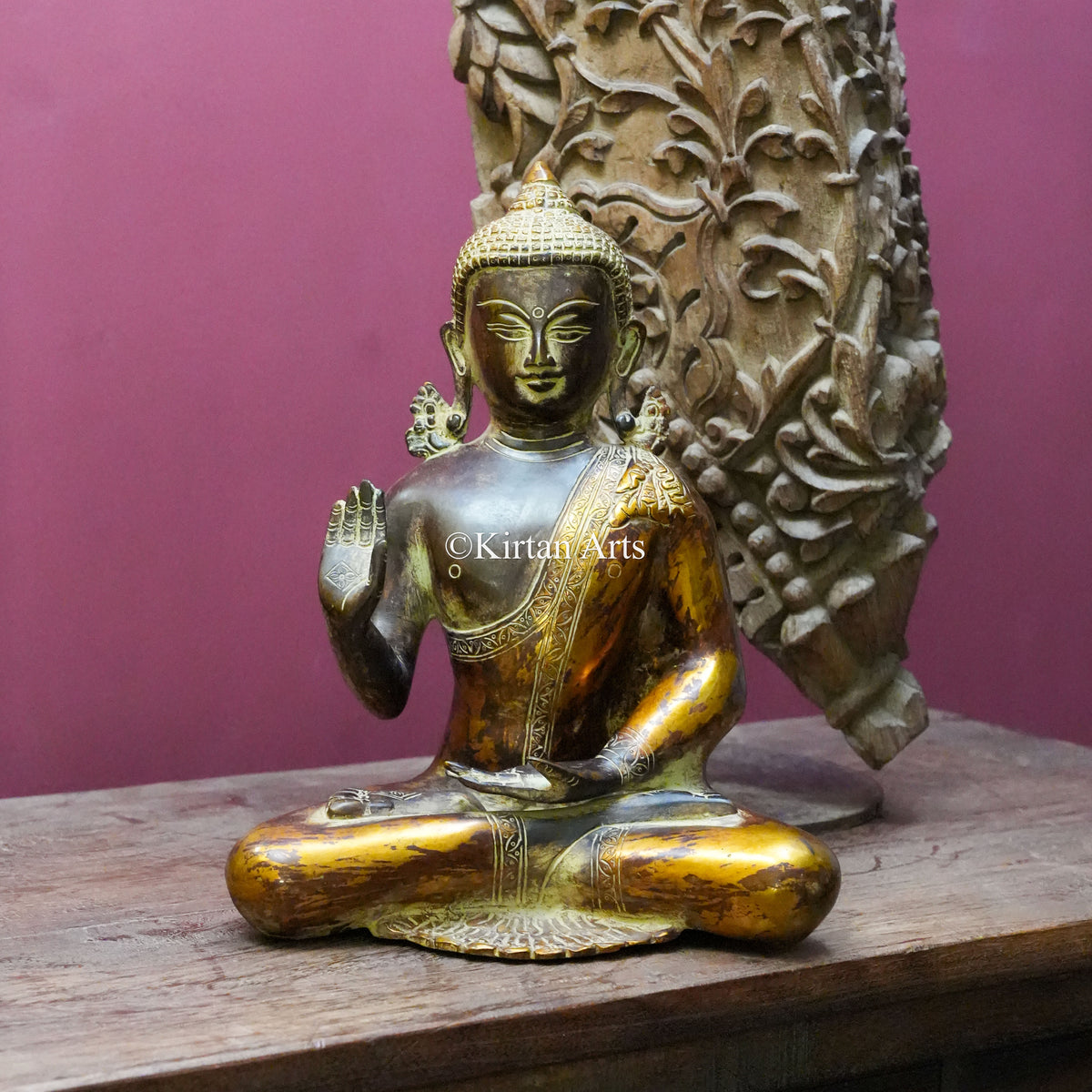 Weathered Bronze-Finish Brass Buddha Statue 12.5"