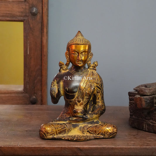 Gilded Brass Buddha Statue with Dense Floral Engraving 9.5"