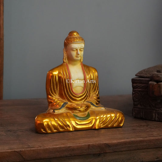 Golden Face Brass Meditating Buddha Statue 8"