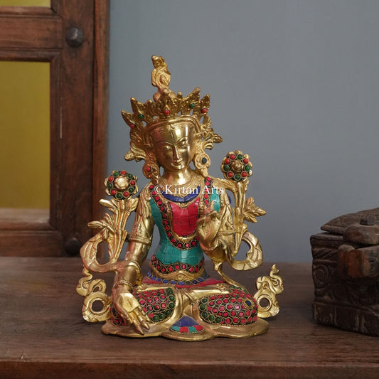Crowned Bodhisattva Statue with Gemstone Inlay 11"