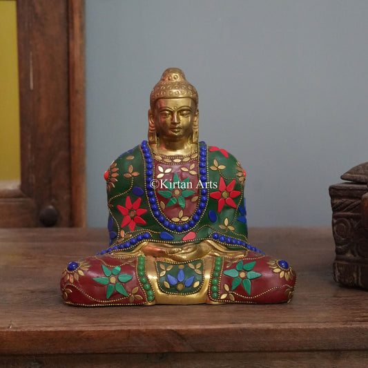 Floral Gemstone-Inlay Buddha in Dhyana Mudra 8"