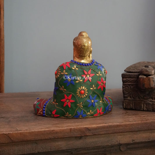 Floral Gemstone-Inlay Buddha in Dhyana Mudra 8"