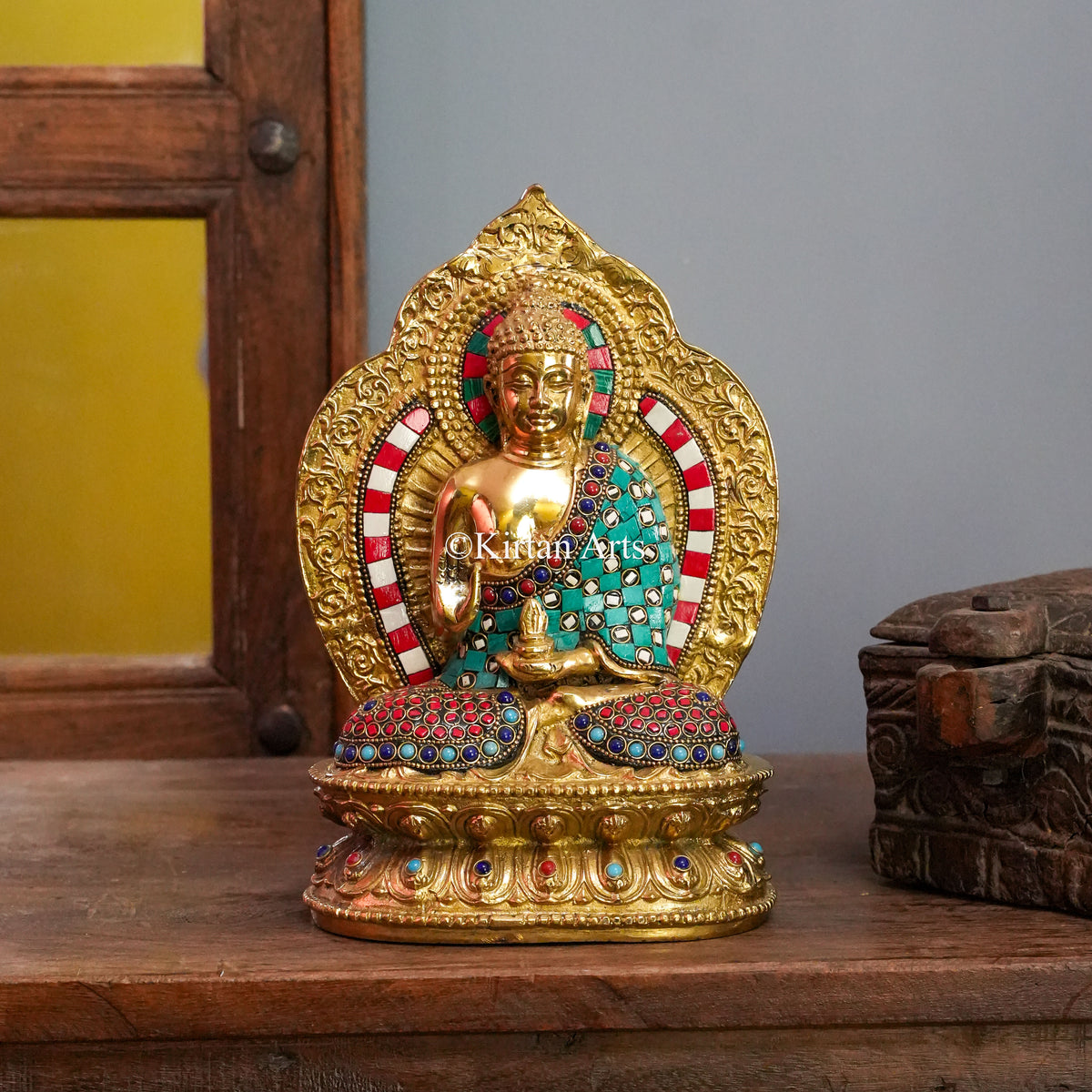 Gemstone Inlay Brass Buddha with Carved Pointed Aureole 11"