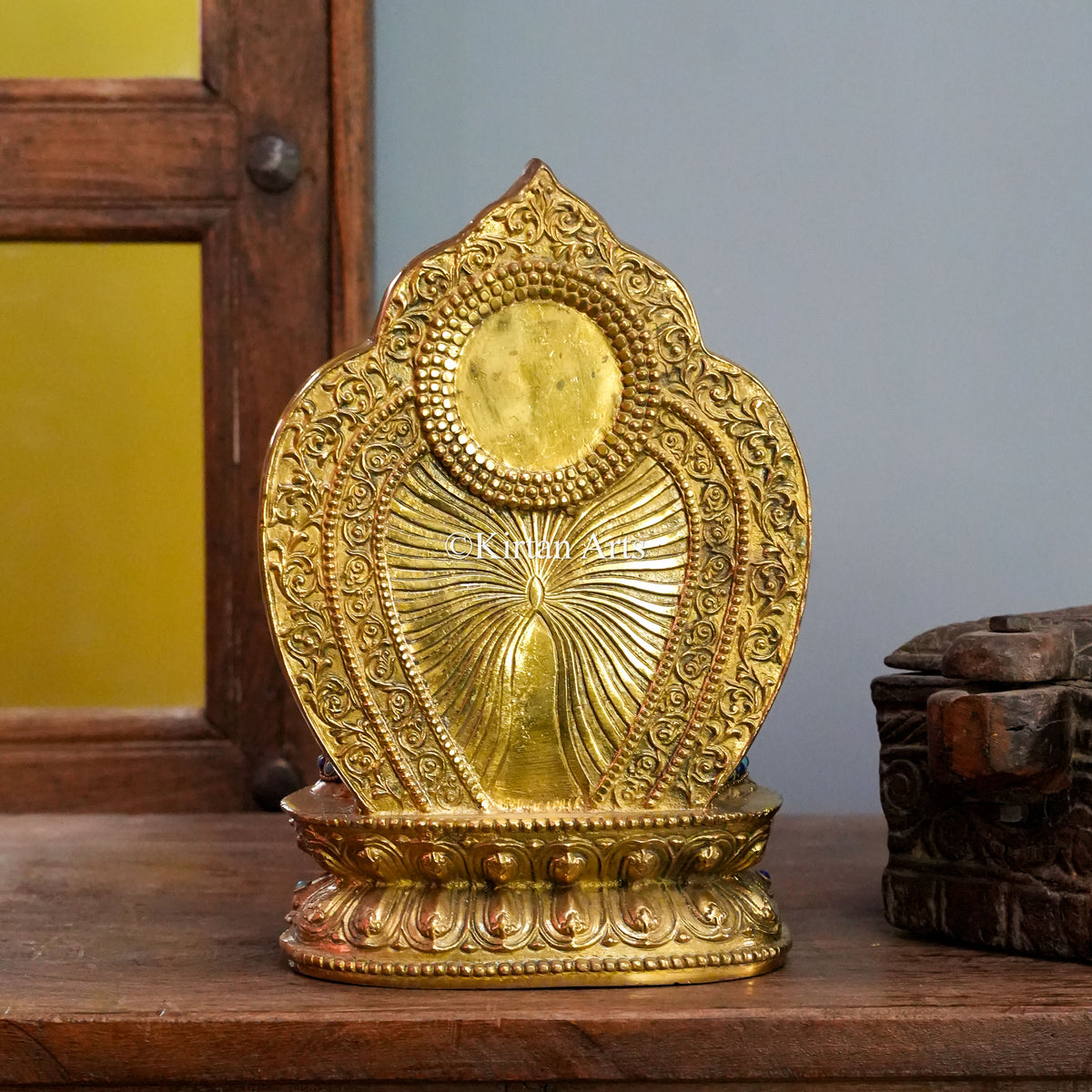 Gemstone Inlay Brass Buddha with Carved Pointed Aureole 11"