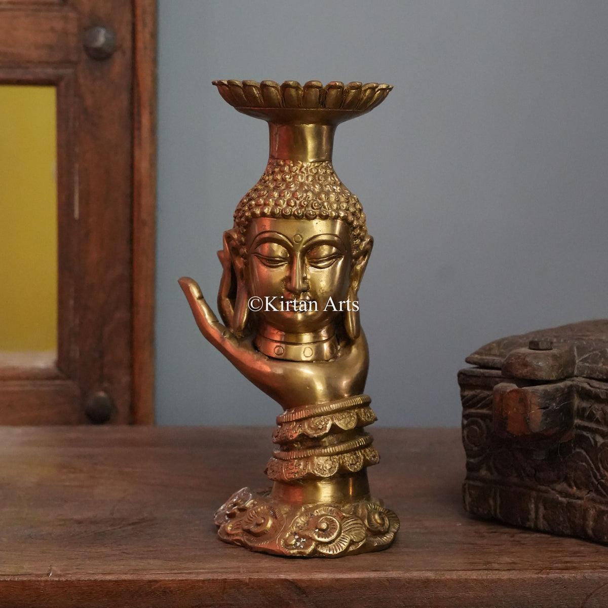 Brass Buddha Head in Hand with Lotus Candle Plate 11"