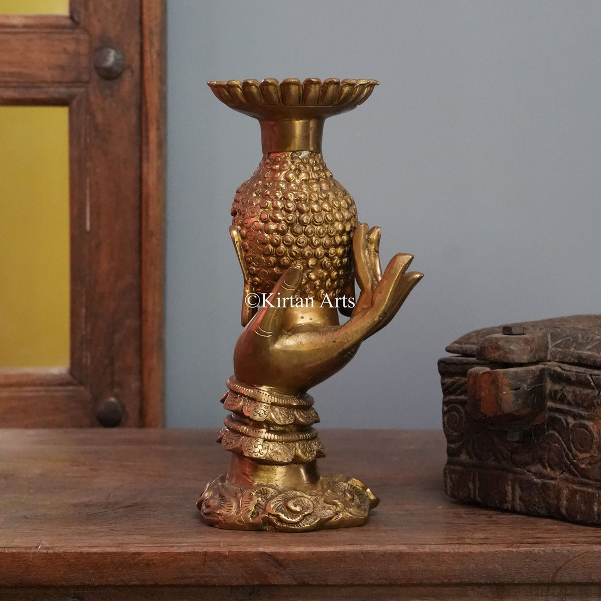 Brass Buddha Head in Hand with Lotus Candle Plate 11"