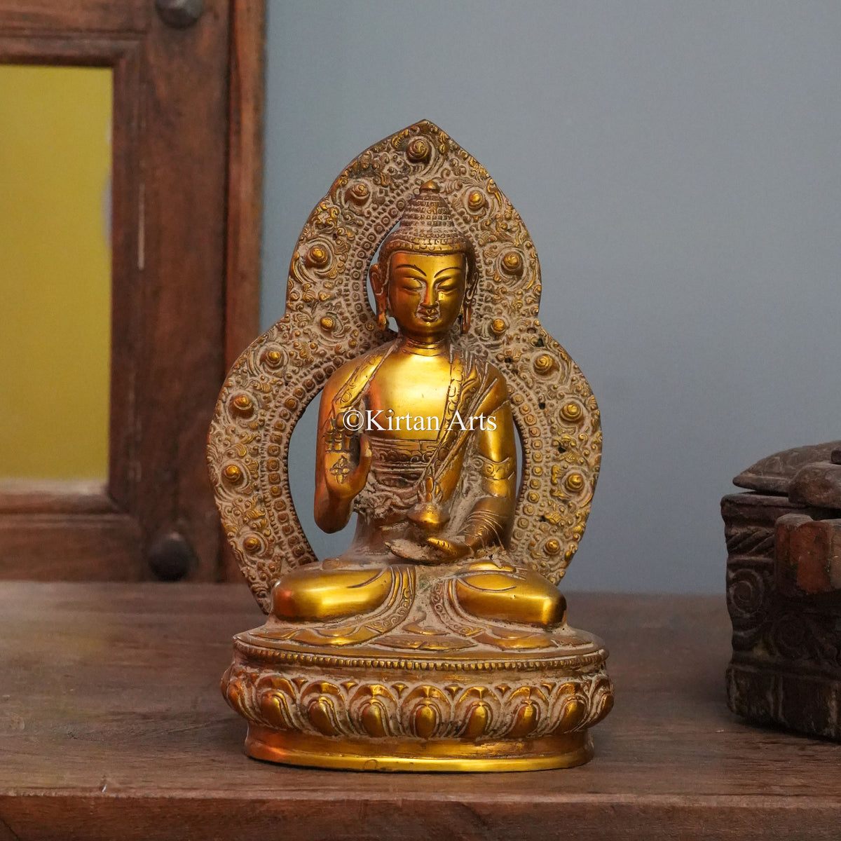 Golden Buddha with Studded Pointed Aureole 9.5"