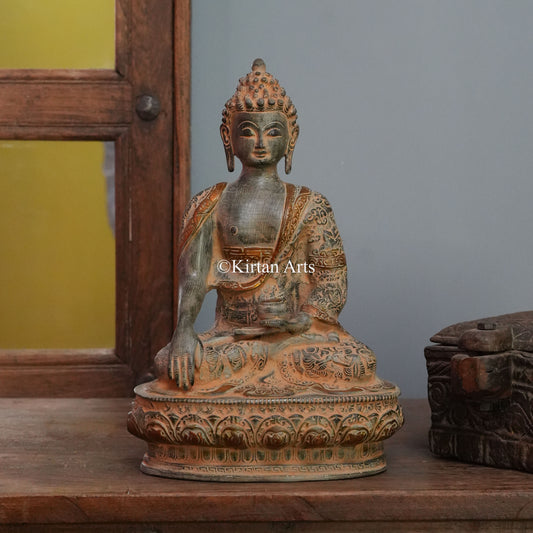 Weathered Grey-Gold Brass Buddha 13"