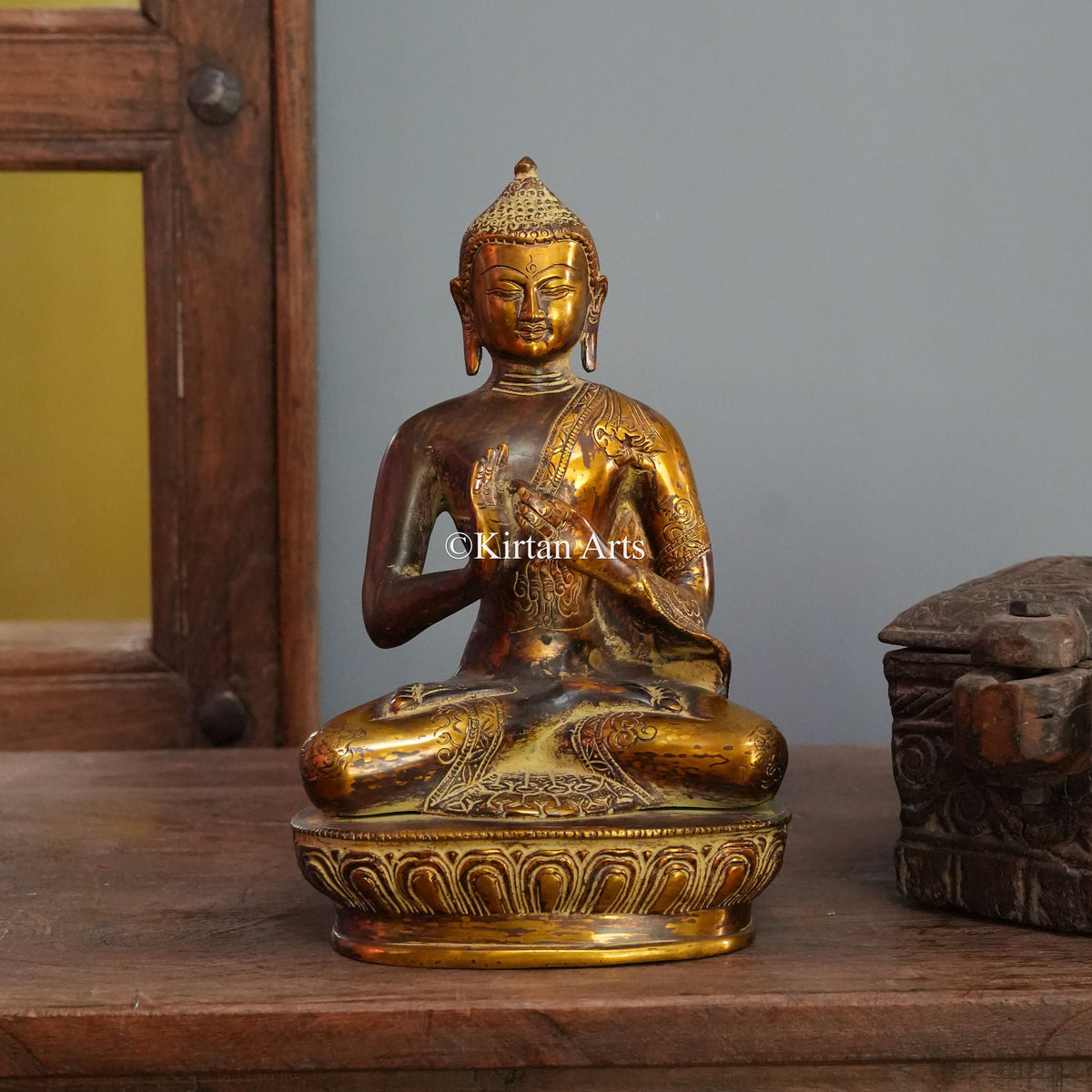 Antique Gold Brass Buddha with Dharmachakra Mudra 11"