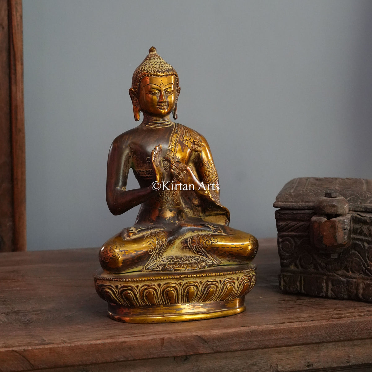 Antique Gold Brass Buddha with Dharmachakra Mudra 11"