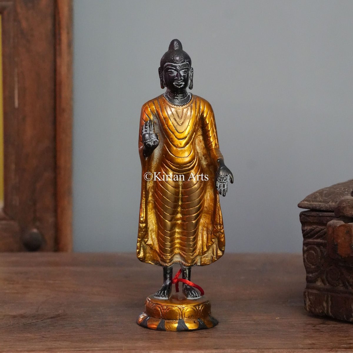 Standing Brass Buddha with Golden Draped Robe 9.5"