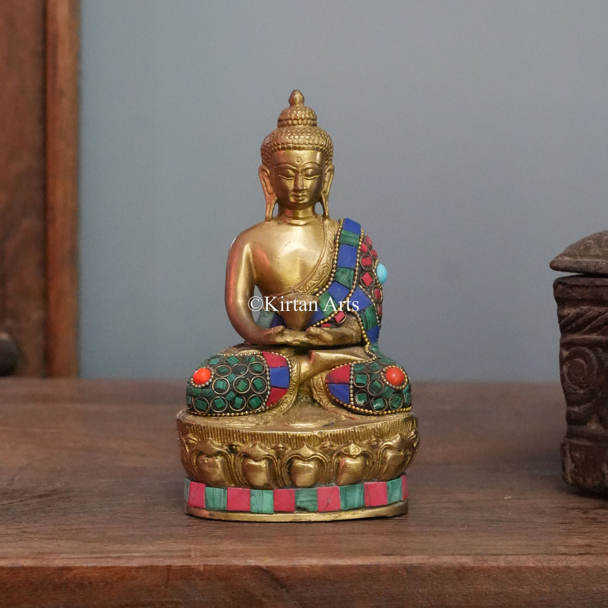 Brass Buddha with Stonework and Engraved Mantra Base 7"