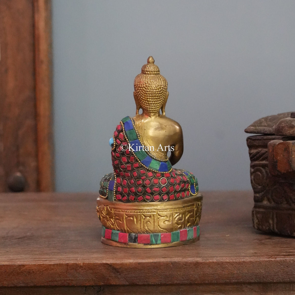 Brass Buddha with Stonework and Engraved Mantra Base 7"